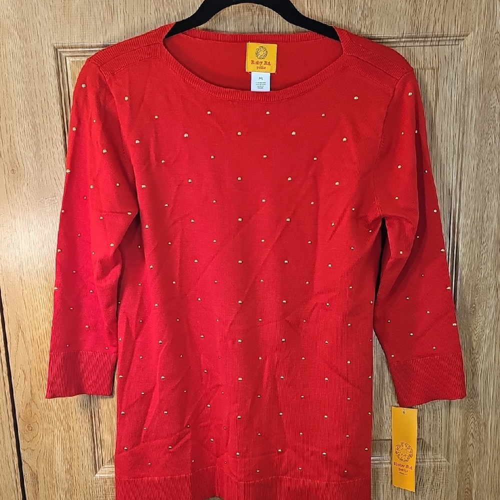 Ruby Rd. Women's Red Crew Neck Sweater with Dot Accents
